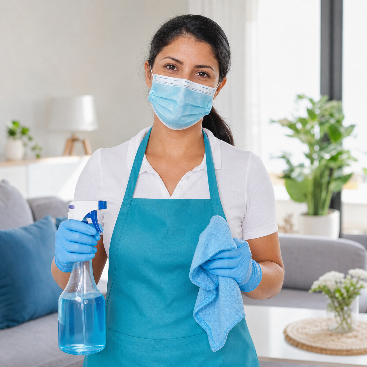 Masked cleaner holding cleaning supplies